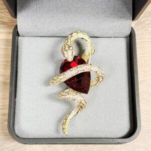 Snake Brooch Pin, Red Crystal Brooch, Gold Brooch, Crystal Statement Brooch